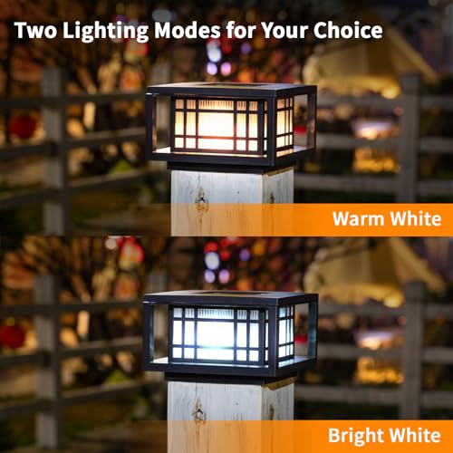 HUYIENO Solar Post Cap Lights Large Outdoor Deck Fence Post Lights 50Lumens Brightness Warm/Bright White Lighing Modes for 4x4 5x5 Vinyl Posts, 4x4 5x5 6x6 Wooden Posts (Black, 2pk) - Image 2