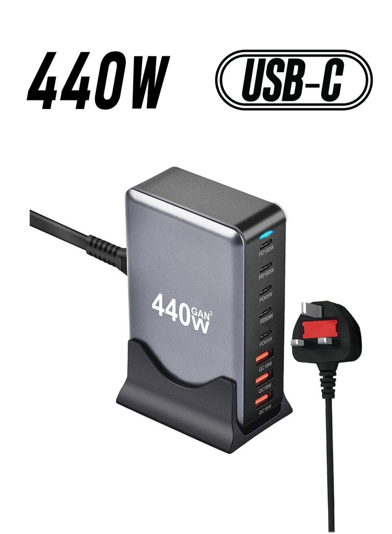 general 440W GaN Desktop Charger Charging Station - 5 Type-C Ports (2xPD100W, 3xPD65W) and 3 USB Ports (QC18W) - GaN Technology - Certified for Macbook, iPhone, Galaxy, iPad, Honor and More - 1.5m Power Cord - Image 1