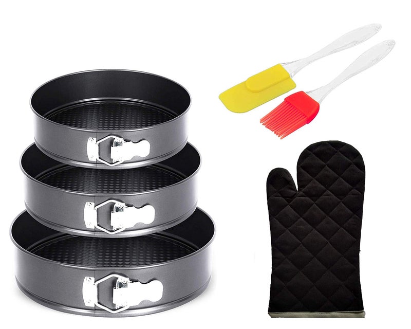 HAINE Teflon Coated Round Cake Tins Set of 3 with Cotton Oven Glove, Spatula and Brush, for Baking Cake at Home and Bakery - Image 1