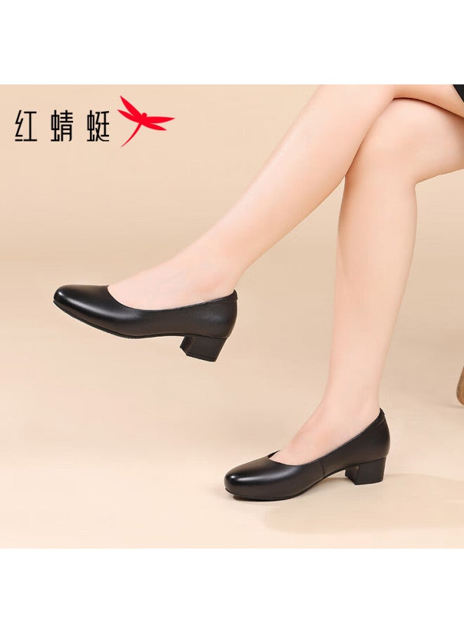 Red Dragonfly Women's High Heel Shoes Autumn Versatile Lightweight Single Shoes Commuting Chunky Heel Fashionable Mom Leather Shoes Wtb357841 Black Size 39
