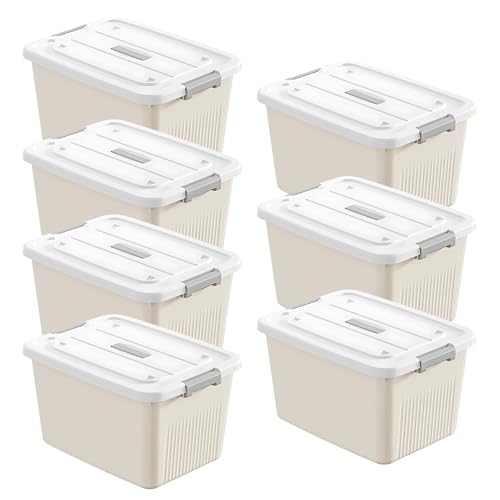 KREPS® Plastic Storage Box/Bins, Color : Cream, Container with Lock and Lid, Stackable, Heavy Duty Material, Available in Multiple Size and Sets. (Pack of : 7, LARGE: 14.5 X 10.5 X 8.2 INCH) - Image 1