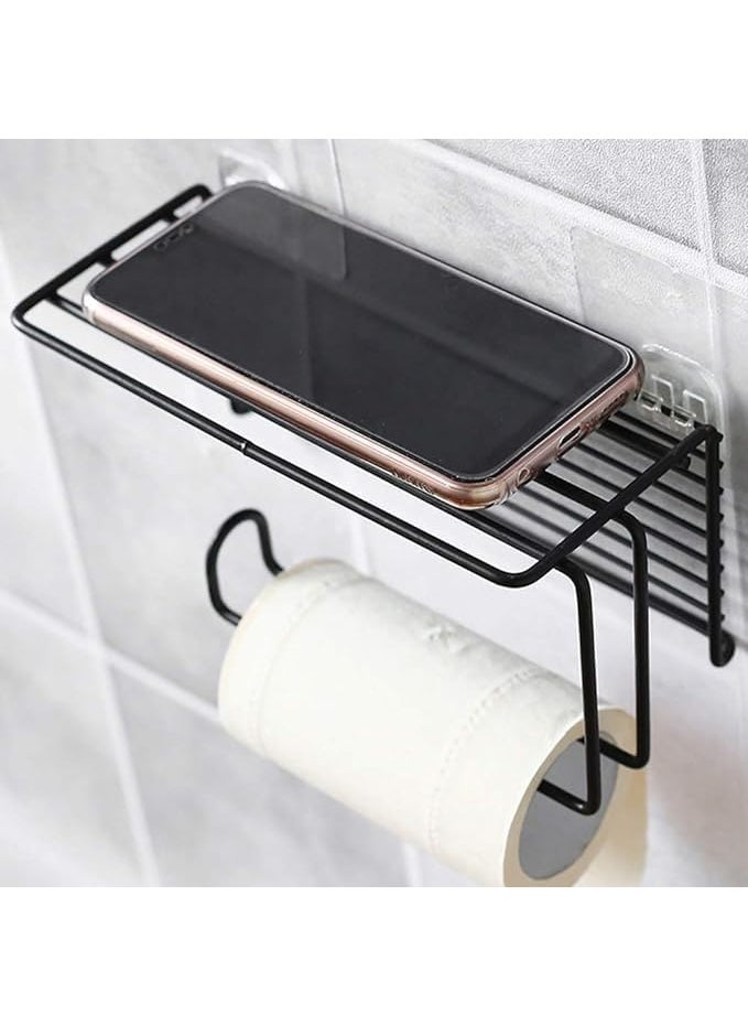 DAOME - DAOME 1 Pc Adhesive Toilet Paper Holder with Shelf Tissue Paper Roll Towel Holder Storage Rack Standard Size Black - Image 1