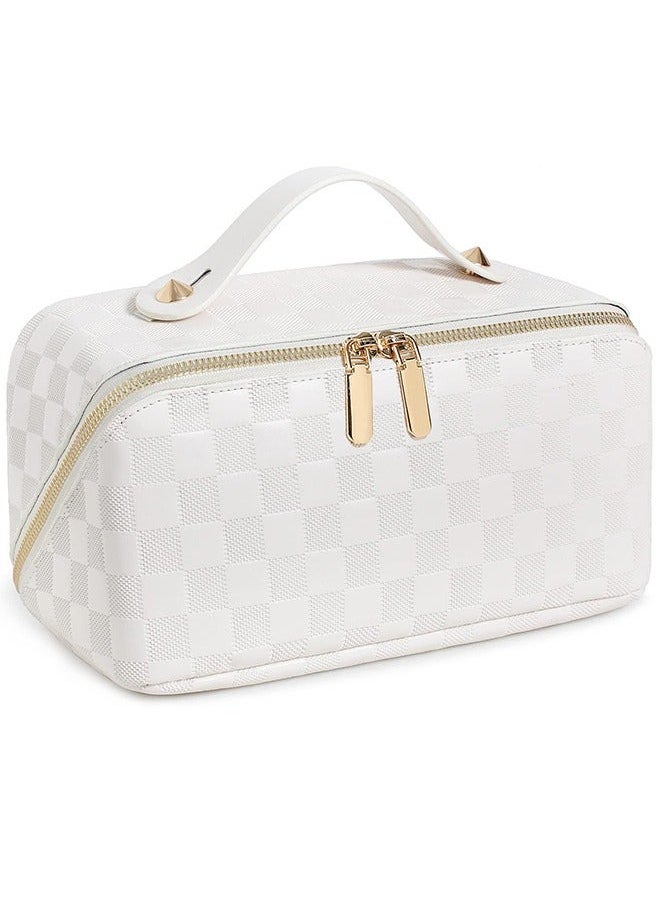 Sharpdo - Capacity Travel Cosmetic Bag Plaid Checkered Makeup Bag Portable Leather Waterproof Skincare Bag with Handle and Divider for Women - Image 1