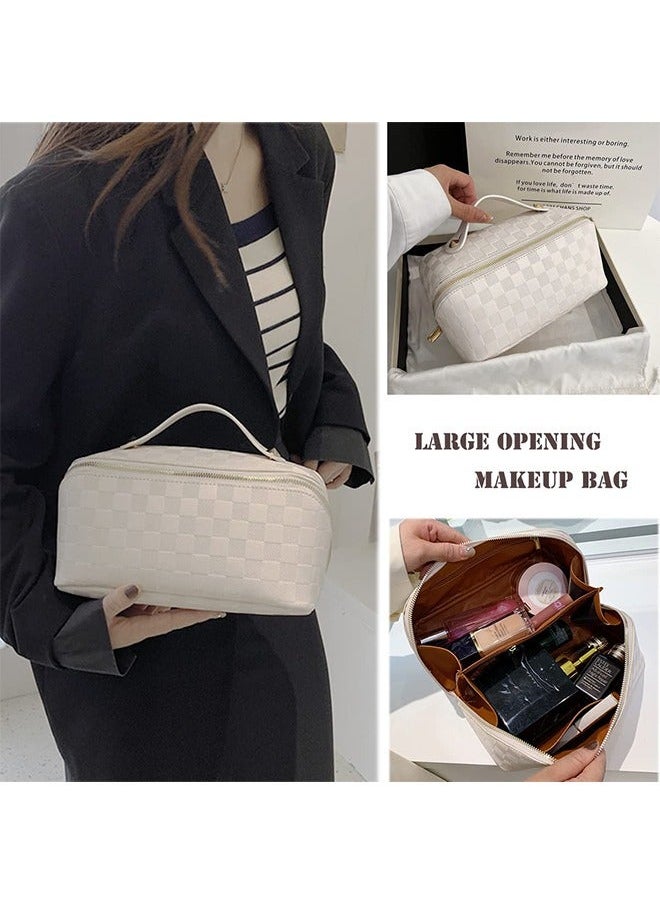 Sharpdo - Capacity Travel Cosmetic Bag Plaid Checkered Makeup Bag Portable Leather Waterproof Skincare Bag with Handle and Divider for Women - Image 1
