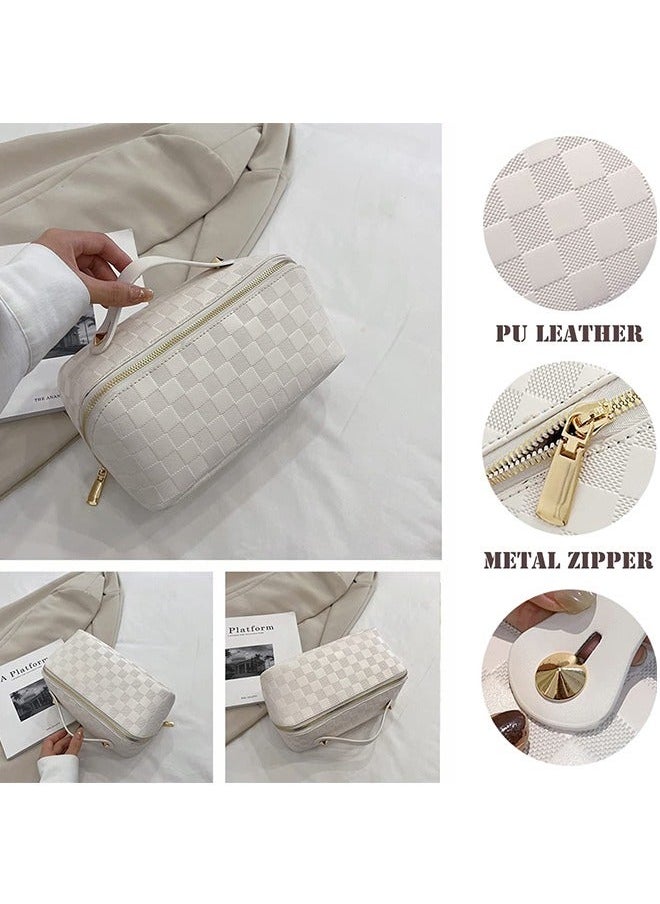 Sharpdo - Capacity Travel Cosmetic Bag Plaid Checkered Makeup Bag Portable Leather Waterproof Skincare Bag with Handle and Divider for Women - Image 1