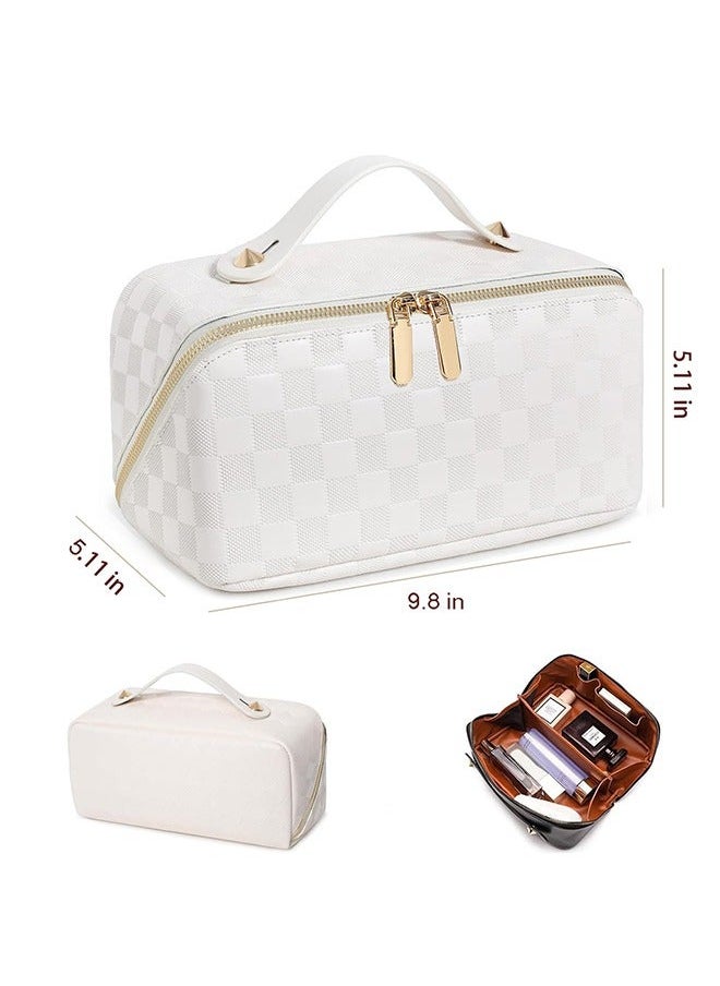 Sharpdo - Capacity Travel Cosmetic Bag Plaid Checkered Makeup Bag Portable Leather Waterproof Skincare Bag with Handle and Divider for Women - Image 1