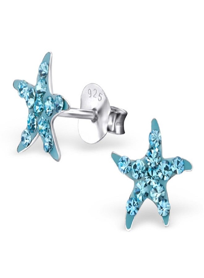 آيسروز أقراط مرصعة بنجمة البحر من الفضة الإسترليني عيار 925 مرصعة بكريستال أزرق مائي (رقم الموديل: 31451) - Image 2