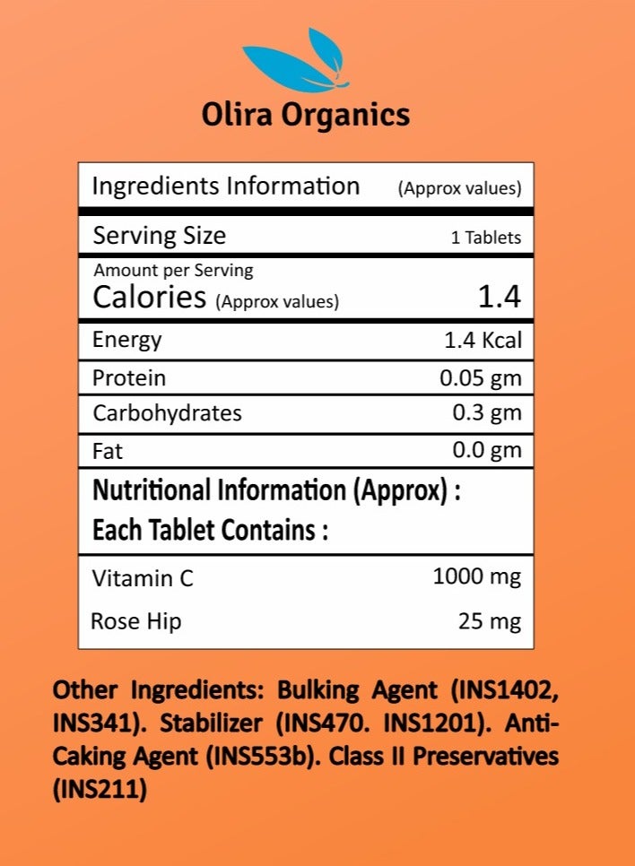 Olira Organics Vitamin C 1000mg With Rosehip 100 Tablets | Antioxidant & Immune Support - Image 3