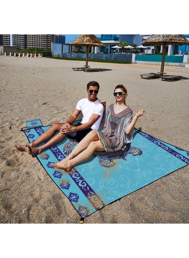 Generic Extra Large Sand-Free Beach Mat Featuring Blue Mandala Sea Turtle | 220x180cm Waterproof Outdoor Picnic Blanket with Stakes, Hook & Polyester Carry Bag | Lightweight Mat for Beach, Camping, Night Walks, Travel & Family Use  - Image 1