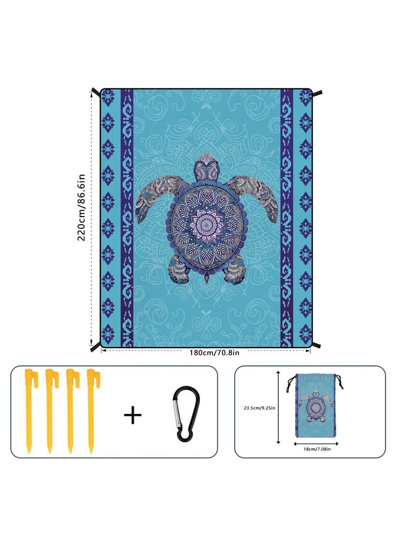 Generic Extra Large Sand-Free Beach Mat Featuring Blue Mandala Sea Turtle | 220x180cm Waterproof Outdoor Picnic Blanket with Stakes, Hook & Polyester Carry Bag | Lightweight Mat for Beach, Camping, Night Walks, Travel & Family Use  - Image 4