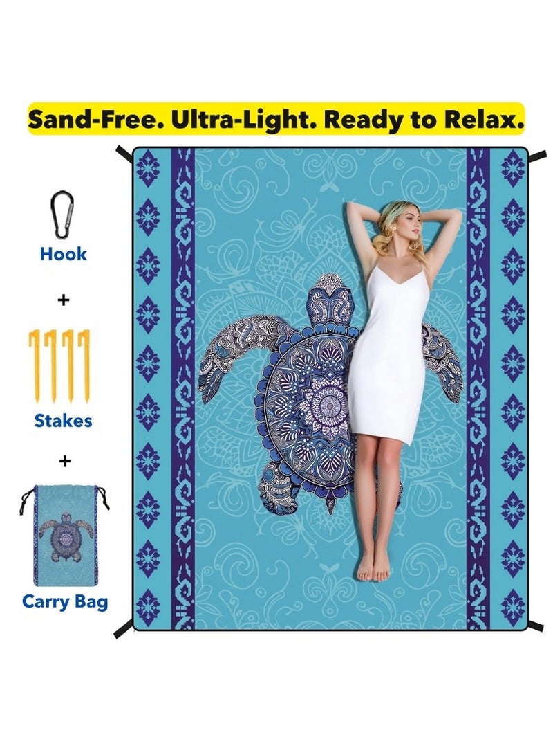 Generic Extra Large Sand-Free Beach Mat Featuring Blue Mandala Sea Turtle | 220x180cm Waterproof Outdoor Picnic Blanket with Stakes, Hook & Polyester Carry Bag | Lightweight Mat for Beach, Camping, Night Walks, Travel & Family Use  - Image 2