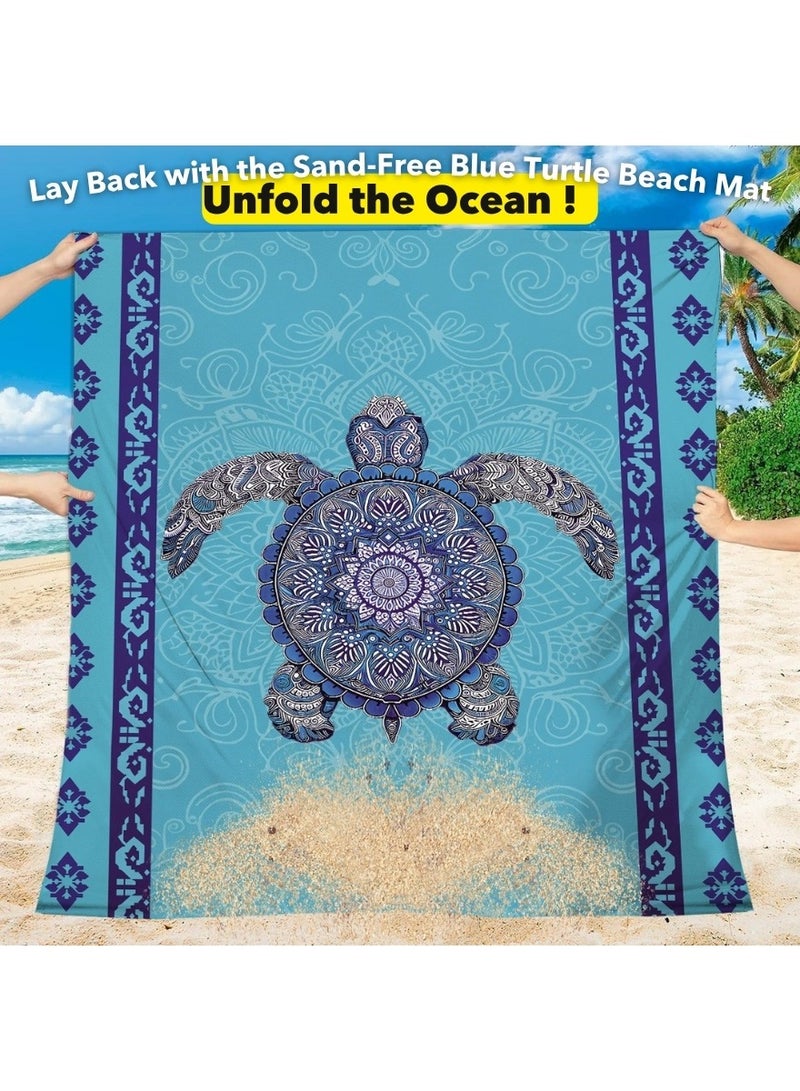 Generic Extra Large Sand-Free Beach Mat Featuring Blue Mandala Sea Turtle | 220x180cm Waterproof Outdoor Picnic Blanket with Stakes, Hook & Polyester Carry Bag | Lightweight Mat for Beach, Camping, Night Walks, Travel & Family Use  - Image 3