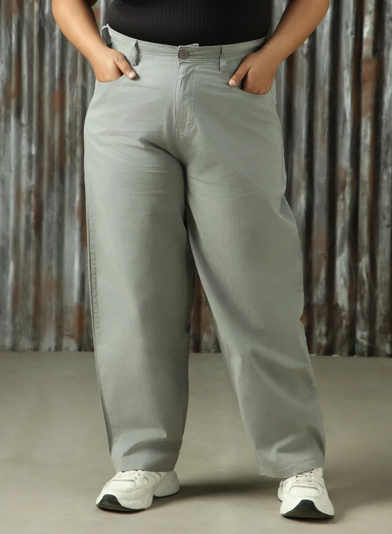 High Star grey Women's Sage Green Cotton Blend Solid Plus Size Chinos Trouser for Women | Best Price UAE
