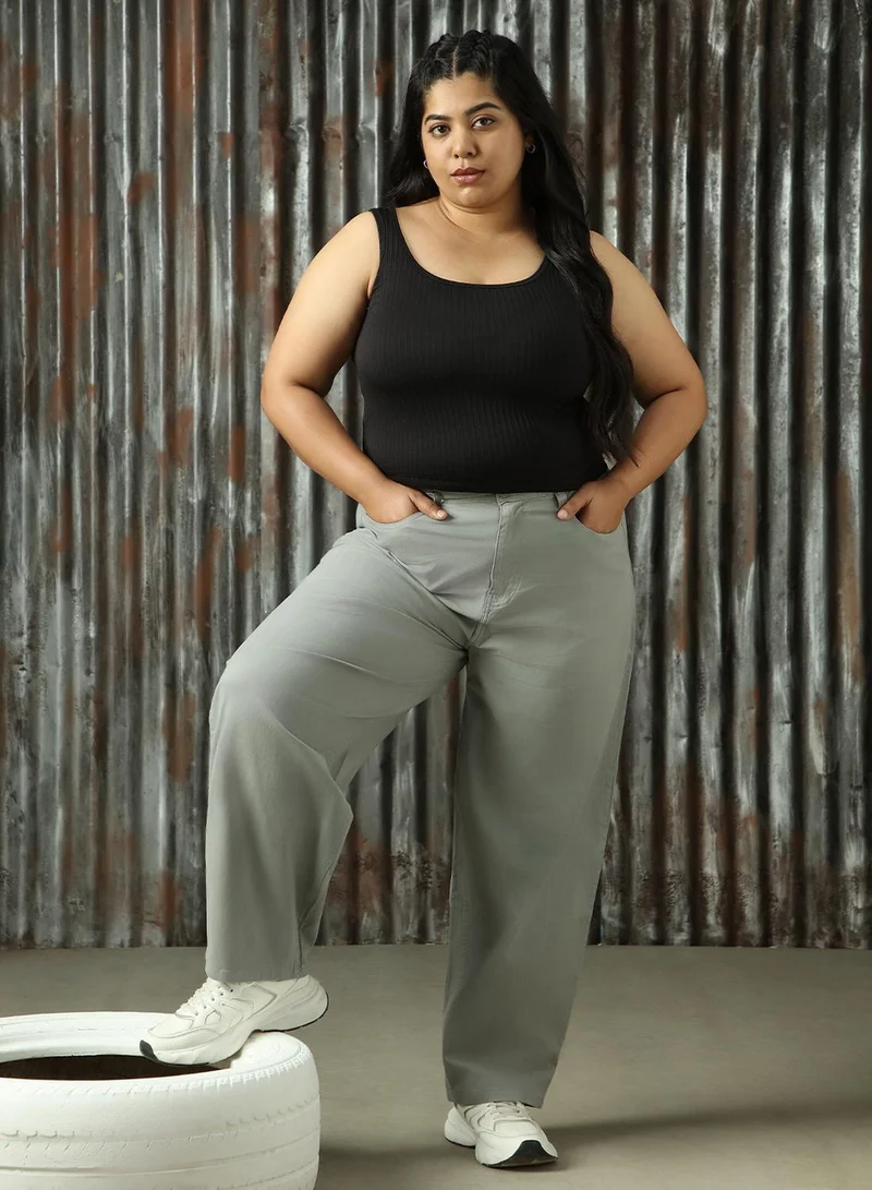 Women's Sage Green Cotton Blend Solid Plus Size Chinos Trouser