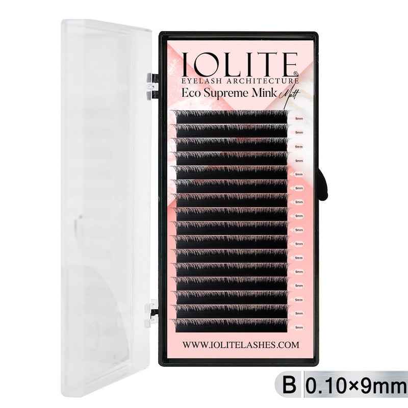 Iolite Eco Supreme Mink Matt Lash Extension Tray B - Curl - 0.10T (6mm–15mm) – Matt Finish, Premium Eco-Friendly Eyelashes for Lash Artists ISMMB10T - 9MM