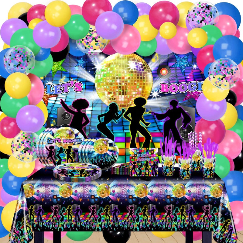 Lecheme 70s Party Decorations 280 PCS 1970s Disco Party Decorations Let's Boogie Backdrop Disco Balloons Plates Napkins Cups Tablecloth 70's Party Supplies - Image 1