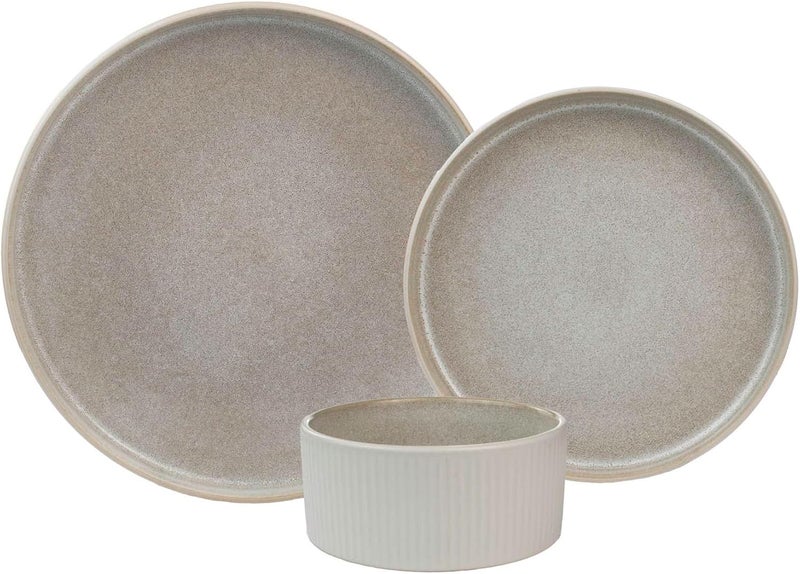 Sango Anderson Reactive Cream Stoneware 12Piece Set  Service for 4 Modern Design with Textured Ridges Exquisite Reactive Glaze for Everyday Dining  Entertainment Microwave  Dishwasher Safe - Image 1