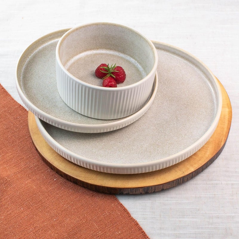 Sango Anderson Reactive Cream Stoneware 12Piece Set  Service for 4 Modern Design with Textured Ridges Exquisite Reactive Glaze for Everyday Dining  Entertainment Microwave  Dishwasher Safe - Image 2