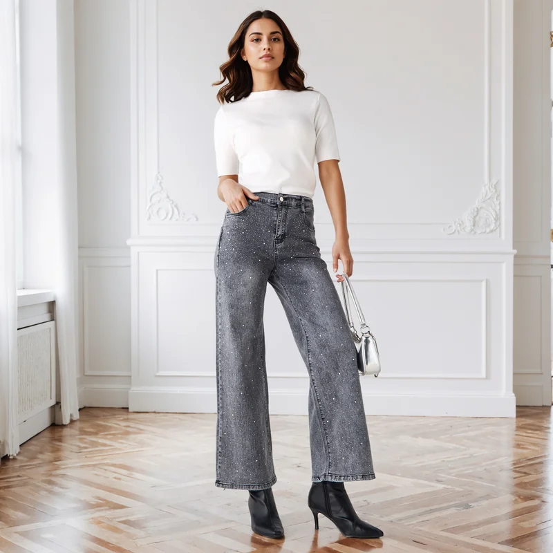 2Xtremz 2Xtremz Embellished Wide Leg Jeans with Pockets