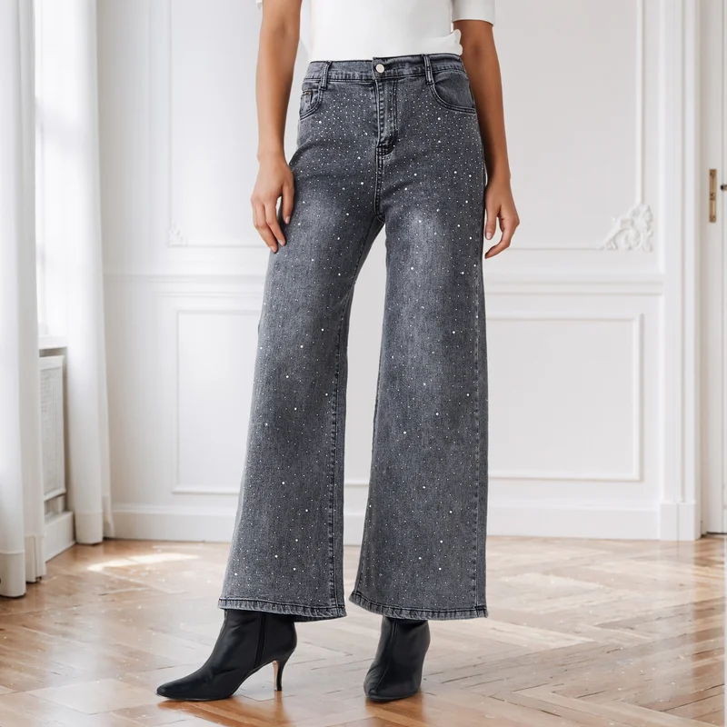 2Xtremz 2Xtremz Embellished Wide Leg Jeans with Pockets
