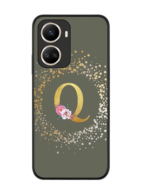 Rugged Black edge case for Huawei nova 10 SE Slim fit Soft Case Flexible Rubber Edges TPU Gel Thin Cover - Custom Monogram Initial Letter Floral Pattern Alphabet - Q (Olive Green)