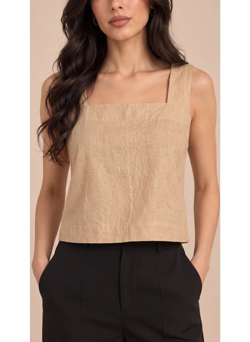 2Trendy Women's Beige Sleeveless Crop Top with Square Neck, Wide Straps and Straight Cut