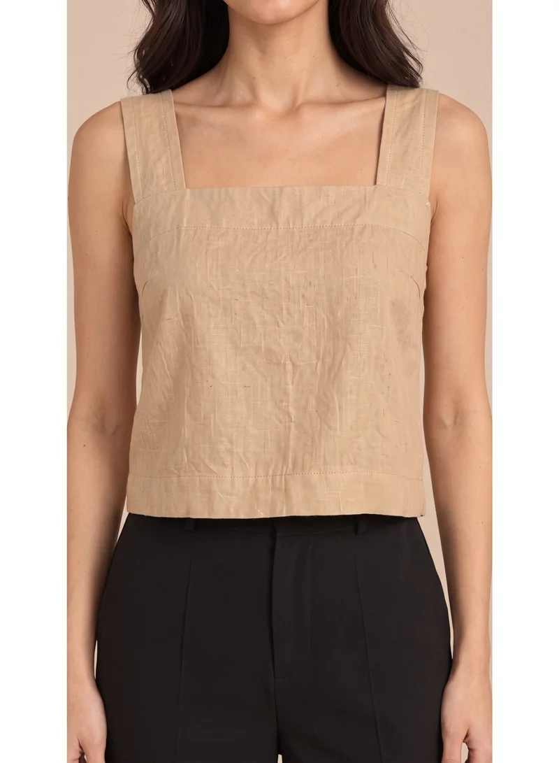2Trendy Women's Beige Sleeveless Crop Top with Square Neck, Wide Straps and Straight Cut