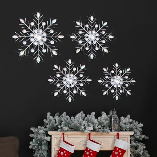 Hicarer 4 Pcs 12 10 8 Snowflake Metal Wall Art Rhinestones 3D Decor Christmas Silver Hanging Metal Artwork Wall Decor Glitter Crafts Snowflake Decorations for Home Living Room OfficeSnowflake - Image 1