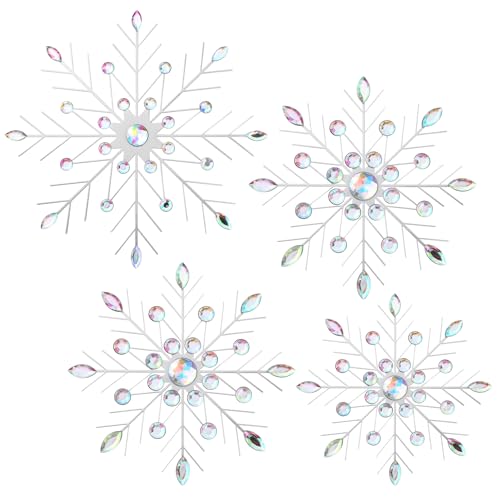 Hicarer 4 Pcs 12 10 8 Snowflake Metal Wall Art Rhinestones 3D Decor Christmas Silver Hanging Metal Artwork Wall Decor Glitter Crafts Snowflake Decorations for Home Living Room OfficeSnowflake - Image 3