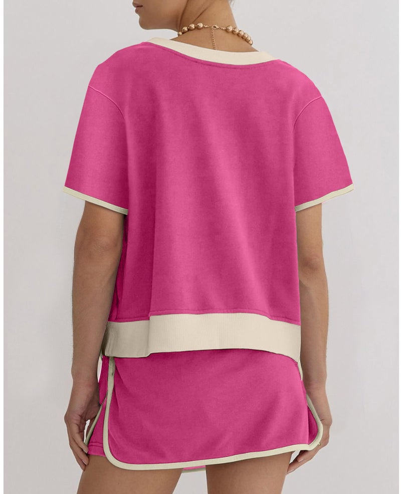 SELINK Lounge Sets for Women 2 Piece Skirt Colorblock Drop Shoulder T Shirt and Skort Set Summer Tracksuits Rose-S - Image 2