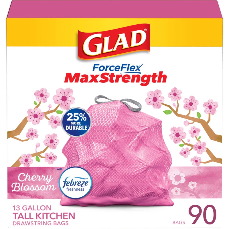 Glad ForceFlex MaxStrength Tall Kitchen Drawstring Trash Bags 13 Gal 90 Ct Package May Vary