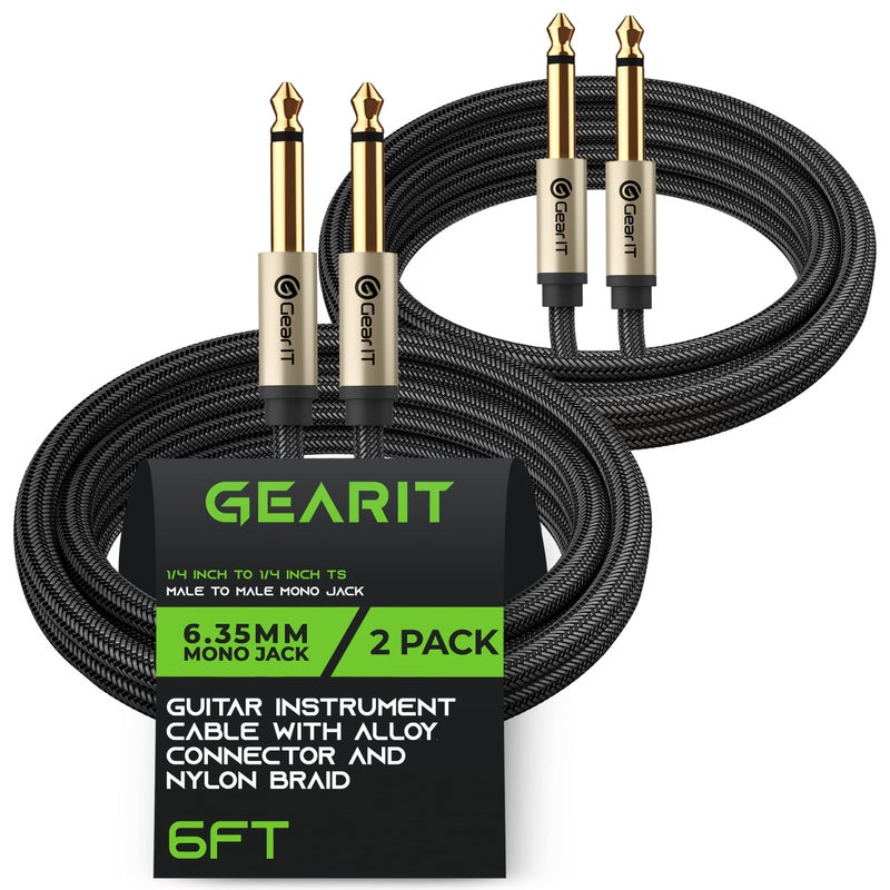 GearIT Guitar Instrument Cable (6ft 2-Pack) 1/4 Inch to 1/4 inch TS Straight Male to Male 6.35mm Mono Jack with Alloy Connector and Nylon Braid - Image 1