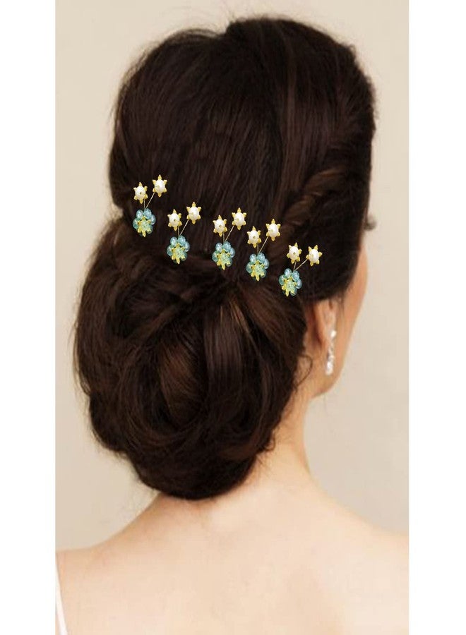 Hair Flare Artificial Stone made Flowers with Pearls Designed hair Pins/Juda Pin/Hair Clips-2504, Sky Blue, Pack of 10 Pins - Image 4