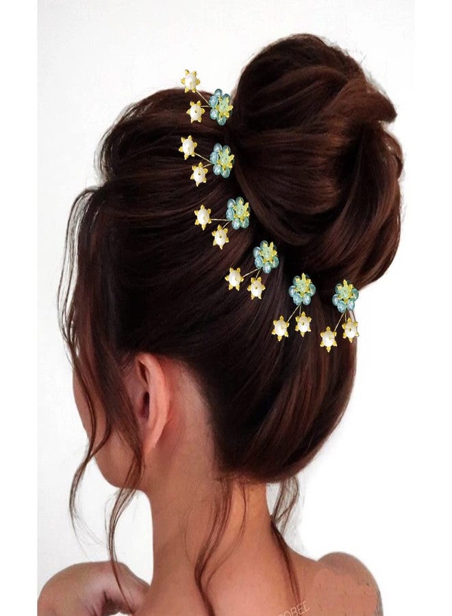 Hair Flare Artificial Stone made Flowers with Pearls Designed hair Pins/Juda Pin/Hair Clips-2504, Sky Blue, Pack of 10 Pins - Image 3