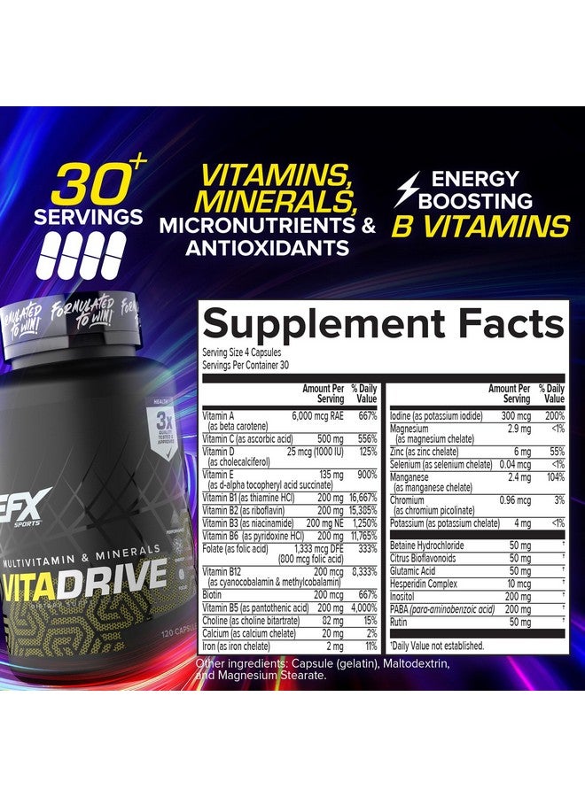 EFX Sports Vita Drive | Multivitamin Formulated for Athletes | Complex of Vitamins, Minerals, Micronutrients, & Antioxidants | 30 Servings, 120 Capsules - Image 3