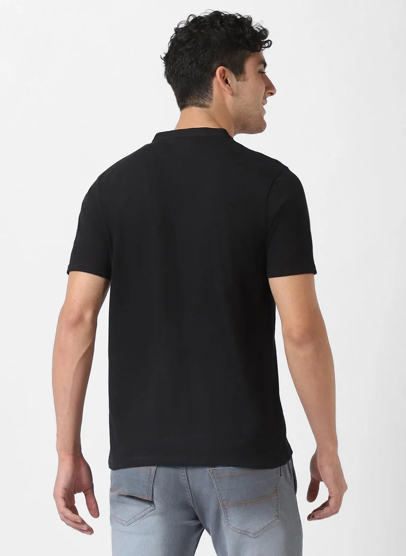 Urbano Fashion  Urbano Fashion Men's Black Solid Mandarin Collar Slim Fit Cotton T-Shirt for Men | Best Price UAE