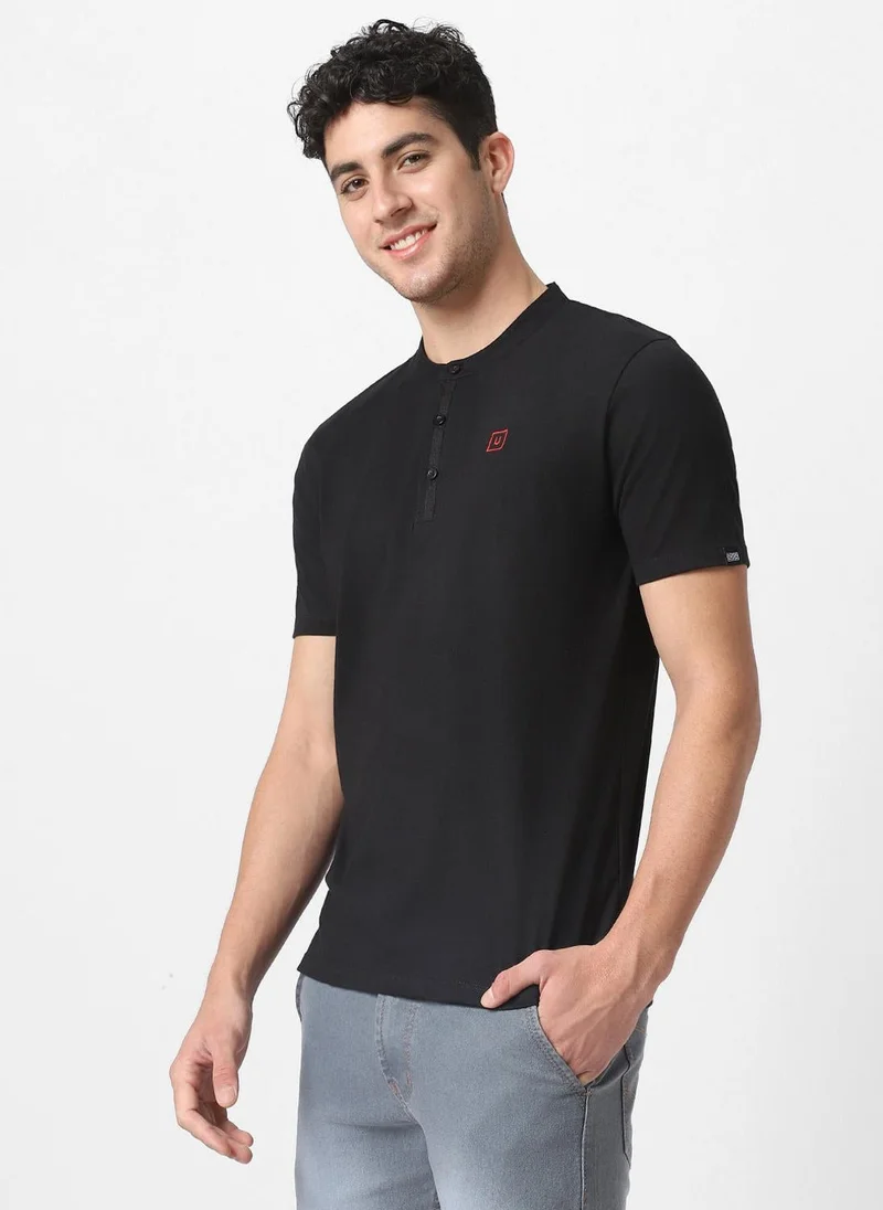 Urbano Fashion  Urbano Fashion Men's Black Solid Mandarin Collar Slim Fit Cotton T-Shirt for Men | Best Price UAE