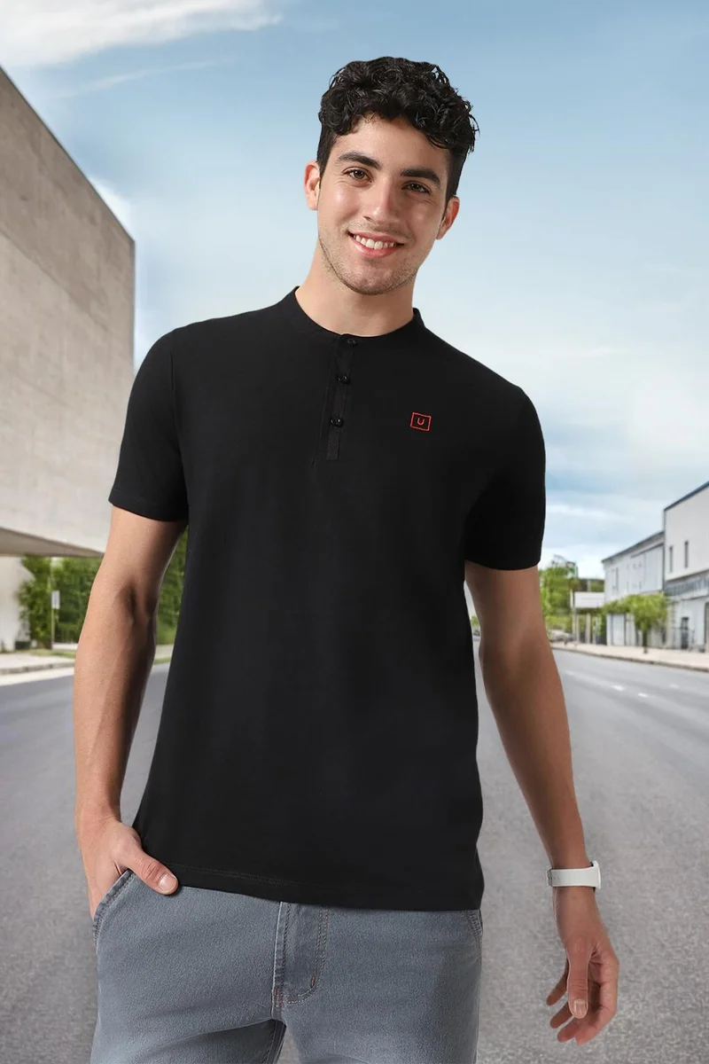 Urbano Fashion  Urbano Fashion Men's Black Solid Mandarin Collar Slim Fit Cotton T-Shirt for Men | Best Price UAE