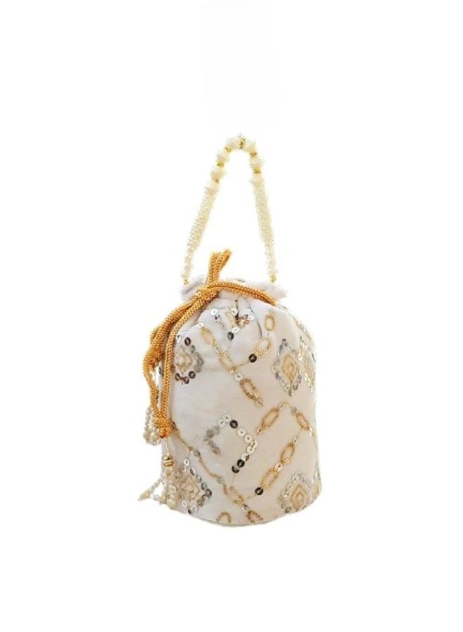 SuneshCreation Embroidered Potli Bag with Pearl Handle, Modern Wedding Purse Wristlet Drawstring Closure, Ethnic Indian Style (white) - Image 4