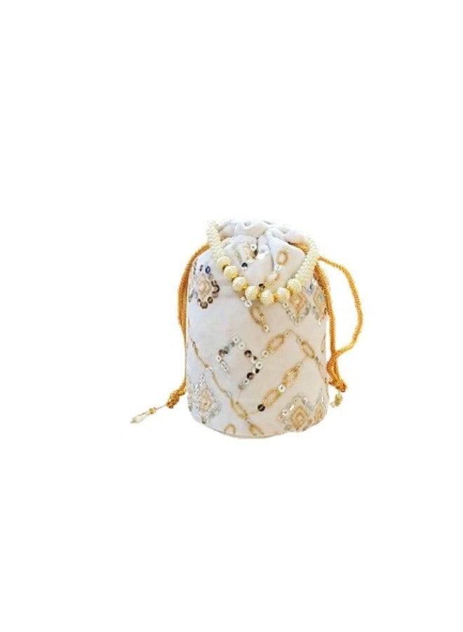 SuneshCreation Embroidered Potli Bag with Pearl Handle, Modern Wedding Purse Wristlet Drawstring Closure, Ethnic Indian Style (white) - Image 2
