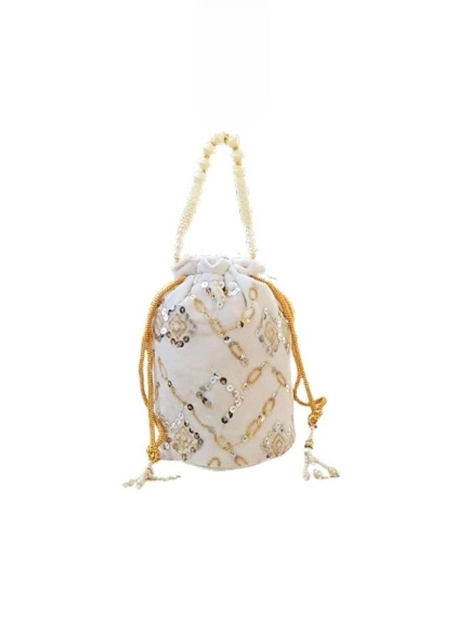SuneshCreation Embroidered Potli Bag with Pearl Handle, Modern Wedding Purse Wristlet Drawstring Closure, Ethnic Indian Style (white) - Image 3