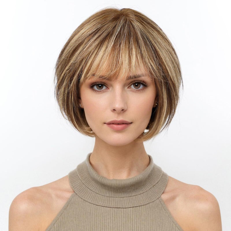 KKU 10 Inch Brown Mixed Blonde Wigs Human Hair for Women, Remy Human Hair Wigs, Human Hair Wigs with Bangs - Image 1