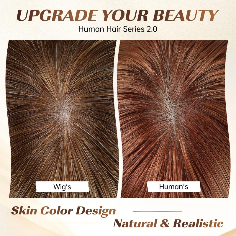 KKU 10 Inch Brown Mixed Blonde Wigs Human Hair for Women, Remy Human Hair Wigs, Human Hair Wigs with Bangs - Image 2