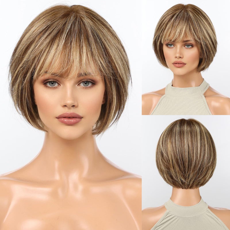 KKU 10 Inch Brown Mixed Blonde Wigs Human Hair for Women, Remy Human Hair Wigs, Human Hair Wigs with Bangs - Image 3