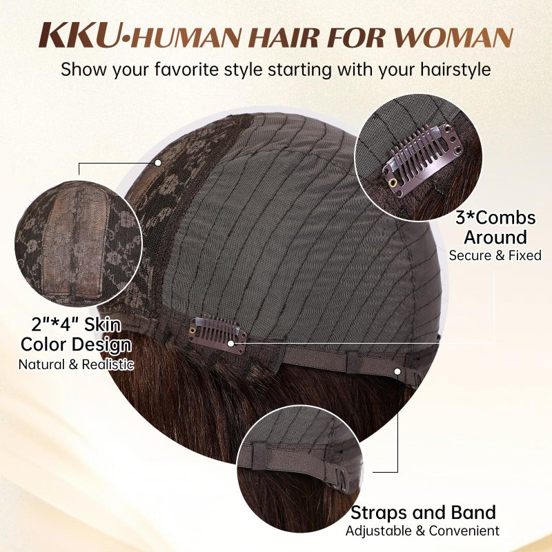 KKU 10 Inch Brown Mixed Blonde Wigs Human Hair for Women, Remy Human Hair Wigs, Human Hair Wigs with Bangs - Image 4