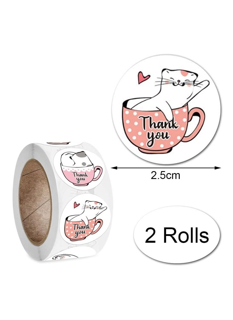 Y&D Round Stickers, Handmade Gift Decoration, Cartoon Cat Thank You Self-Adhesive Labels Scrapbooking Seal Labels, for Wedding Party Business Gifts Biscuits (2 Rolls)  - Image 2