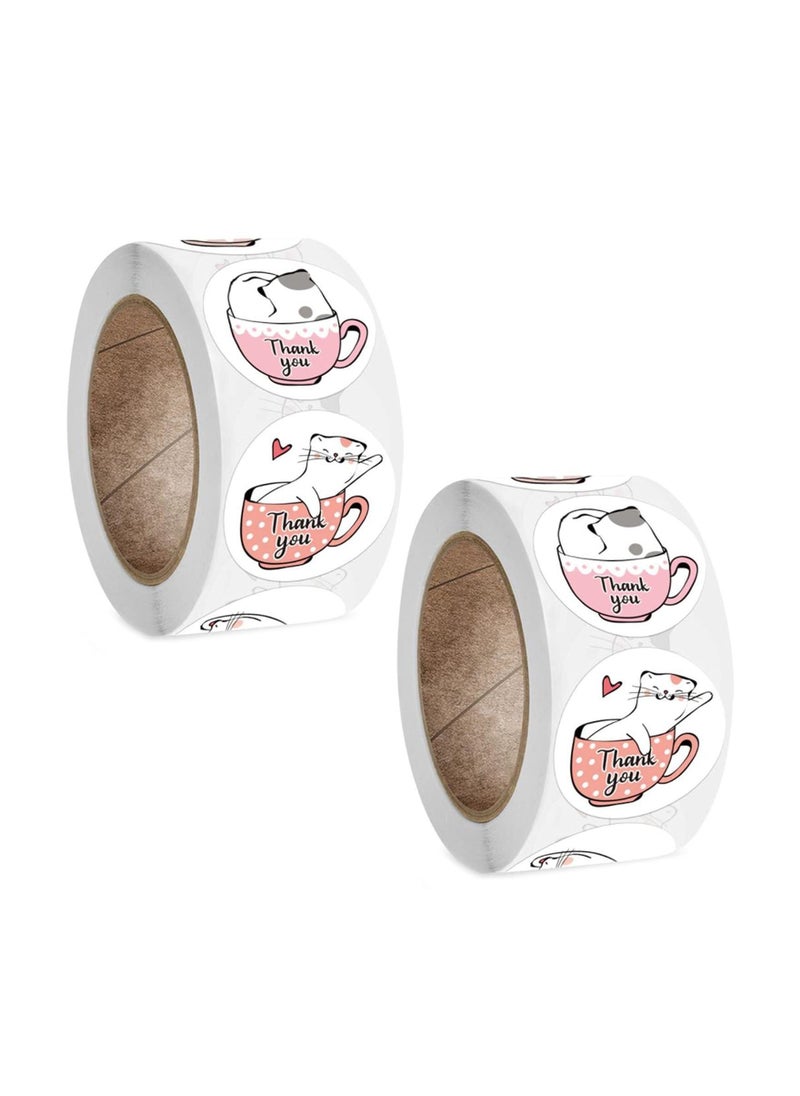 Y&D Round Stickers, Handmade Gift Decoration, Cartoon Cat Thank You Self-Adhesive Labels Scrapbooking Seal Labels, for Wedding Party Business Gifts Biscuits (2 Rolls)  - Image 1