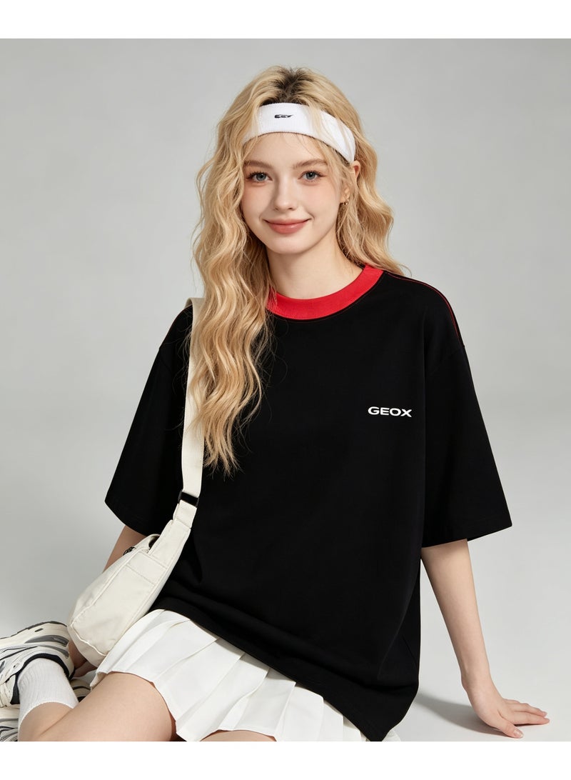 Geox Men Contrast Collar Short Sleeve Streetwear Loose Everyday Summer T-Shirt Black Red Collar - Image 5