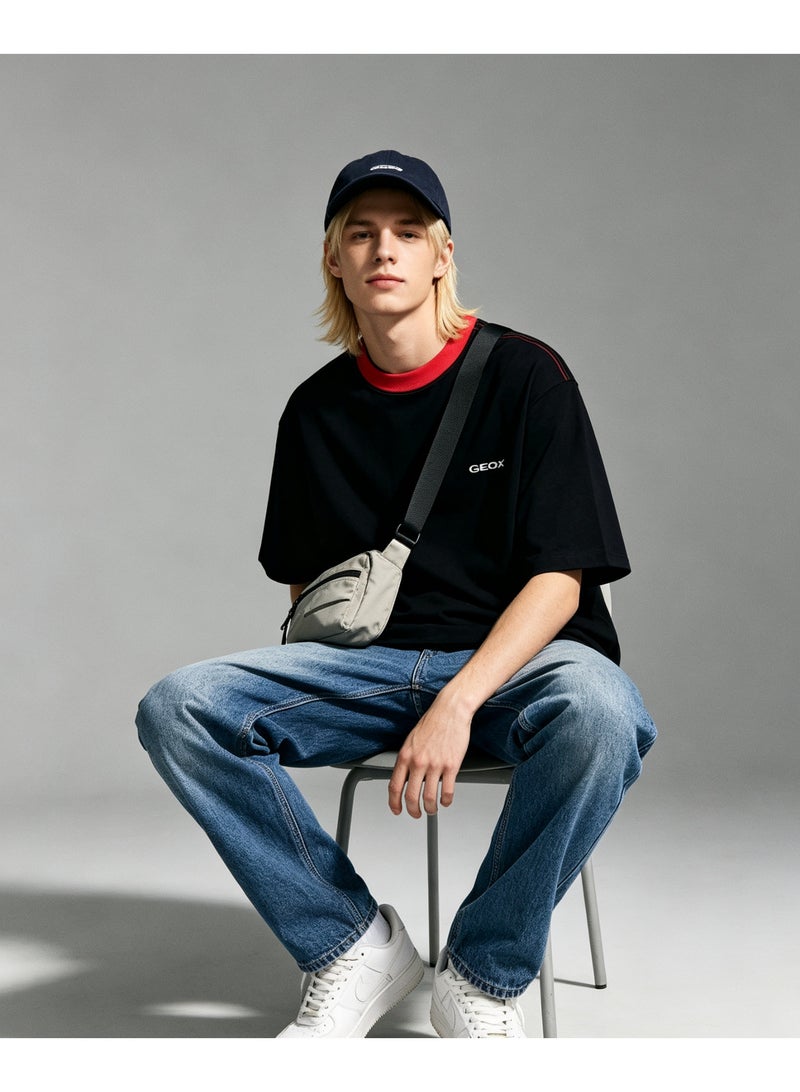 Geox Men Contrast Collar Short Sleeve Streetwear Loose Everyday Summer T-Shirt Black Red Collar - Image 1