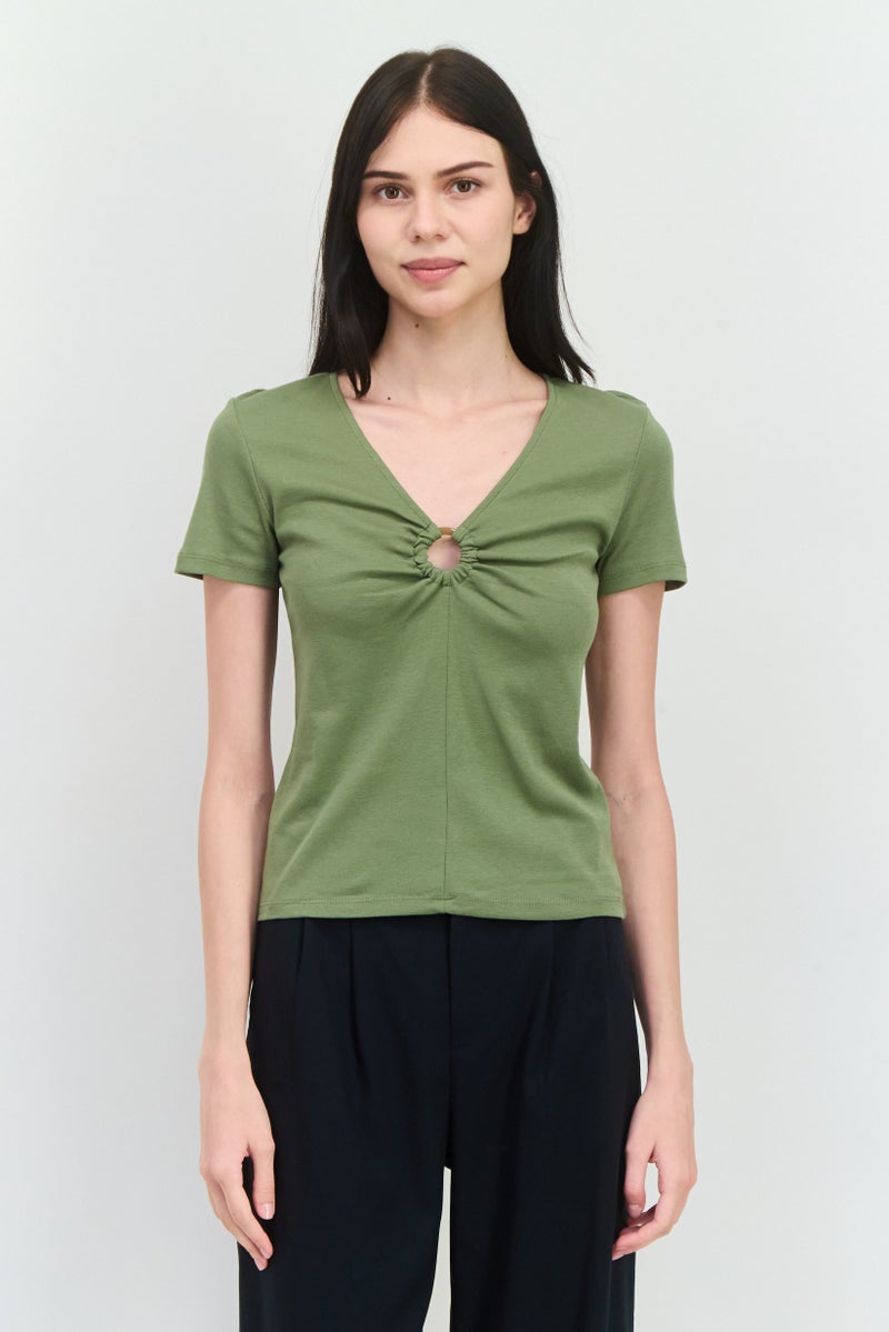 MANGO Women V-Neck Short Sleeves Solid Top, Sage Green - Image 1